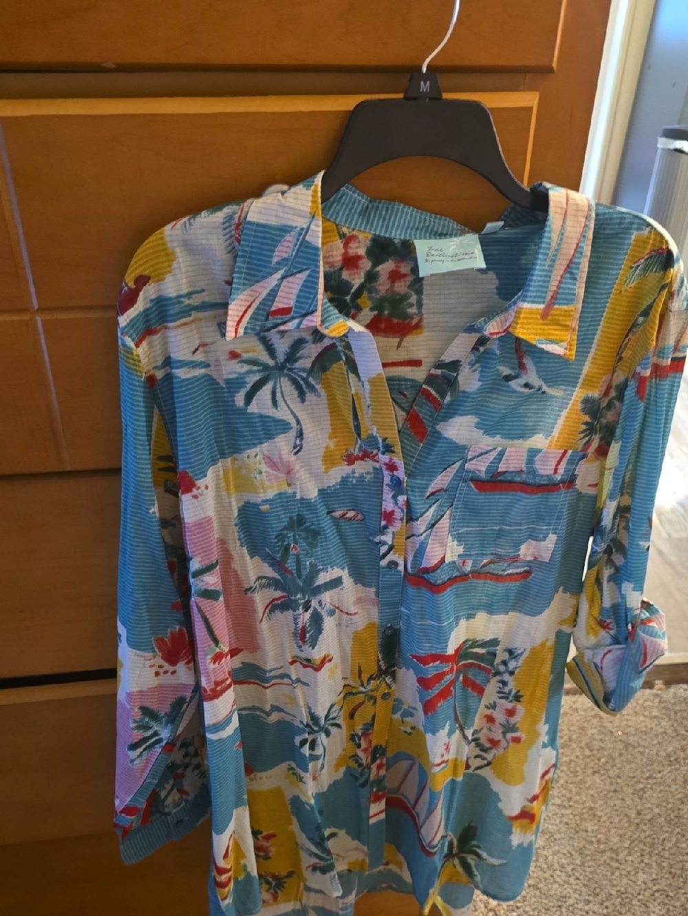 True Destinations Tropical Print Lightweight Button-Up Shirt - Teal & Multi